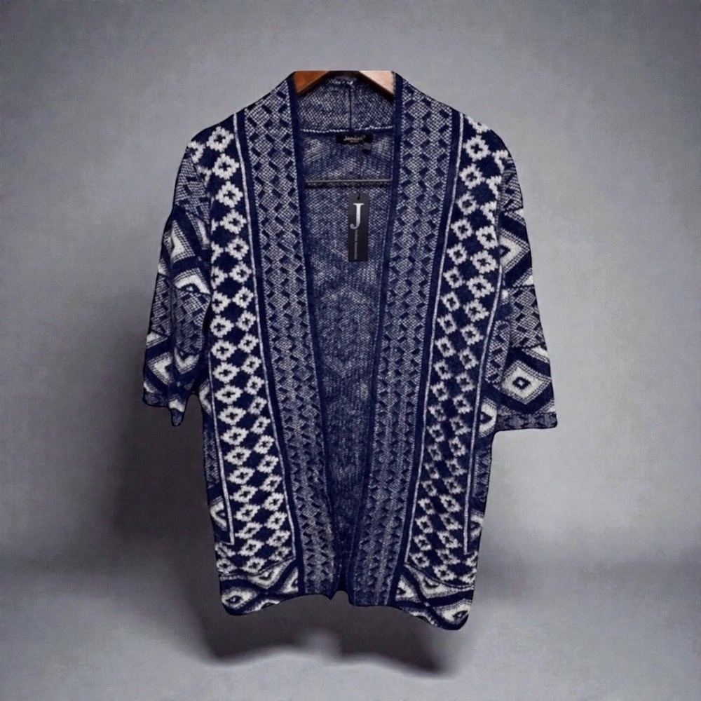 🌀 Janice Navy White Geometric Knit Open Front Cardigan
